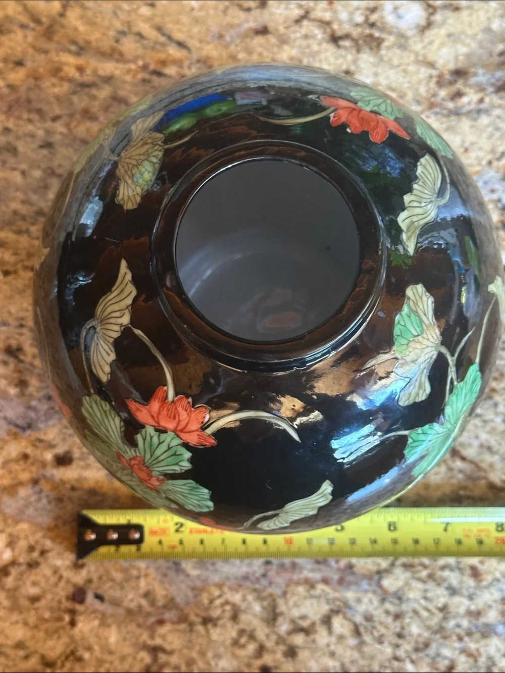 Black Ceramic Lotus Vase with Green and Coral Floral Motif